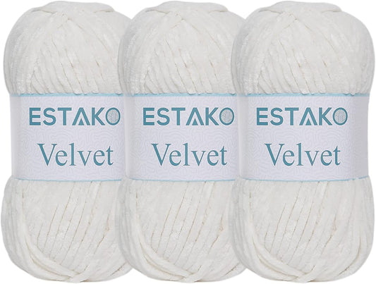 Estako Velvet (3- Skeins Pack) Chenille Blanket amigurumi Yarn for Crocheting and Knitting Super Bulky 3x100 gr (3x132 yds) (1150 - Cream)