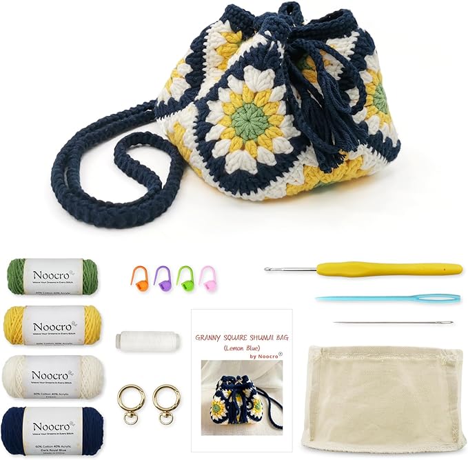 Noocro Crochet Kit Granny Square Shumai Bag, Purse, Complete DIY Kit, Detailed Instructions, Video Tutorials, for Beginners or Intermediate and Advanced Crocheters (Lemon Blue)
