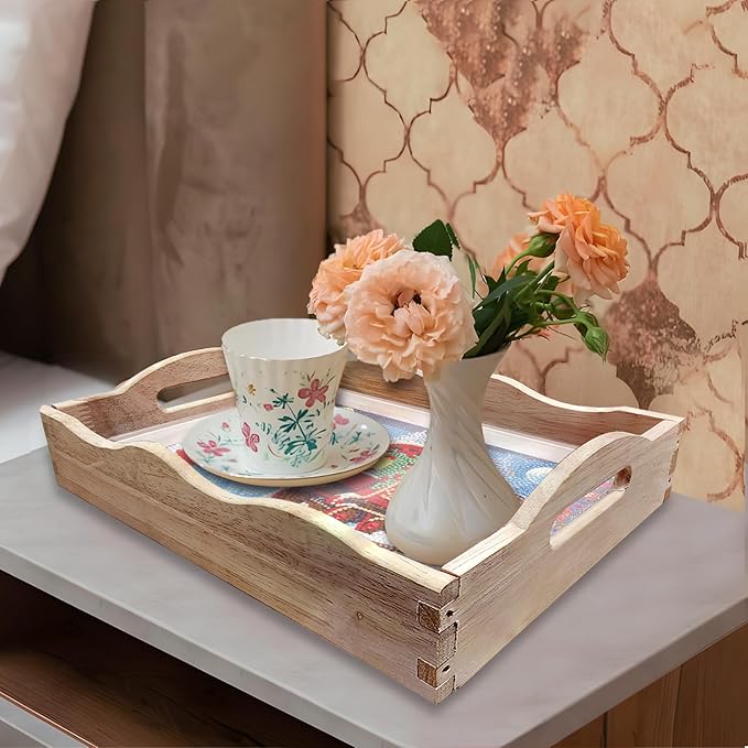 FGbaby DIY 5D Snowman Train Diamond Painting Wood Serving Tray with Handles Diamond Art Decor Serving Trays Wooden Tray for Breakfast in Bed, Patio, BBQ, Coffee Table, Party –Great for Lap & Couch