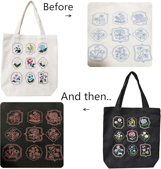 SUPBRAIN Embroidery kit, Canvas Tote Bag Embroidery Kit, Include Stamped Flower Pattern, Hoop, Color Threads and Tool, Suitable for Beginners, Adults Arts and DIY Crafts Kits (White)