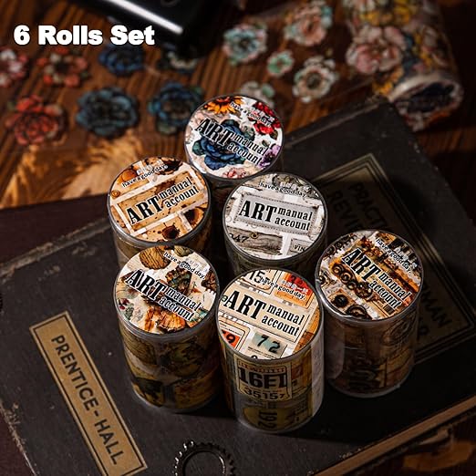 AuriicLeaf Vintage Ephemera PET Tapes Set, 6 Rolls of Antique Designs for Junk Journaling, Scrapbooking, Crafting, DIY Projects, Diaries, and Art Supplies