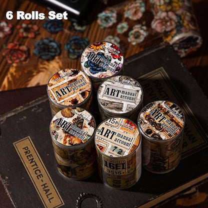 AuriicLeaf Vintage Ephemera PET Tapes Set, 6 Rolls of Antique Designs for Junk Journaling, Scrapbooking, Crafting, DIY Projects, Diaries, and Art Supplies