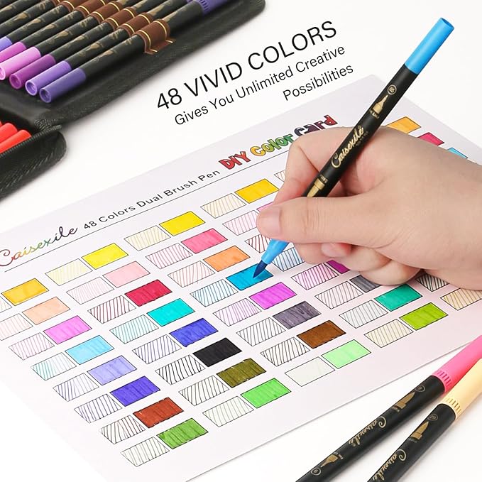 CAISEXILE 48 Color Duo Tip Pens Art Markers Set,96 Nibs Fine and Brush Tip for Adult Coloring Book Journaling Note Taking Lettering Calligraphy Drawing Pens Supplies