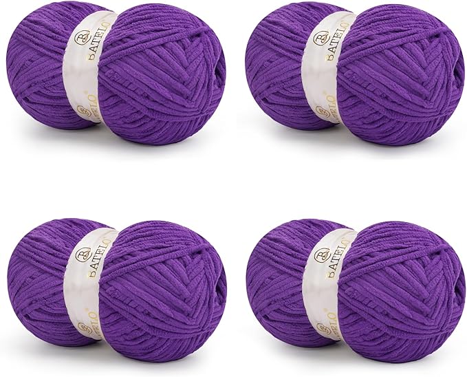 Chenille Yarn for Crocheting & Knitting 880 Yards, Soft Thick Fluffy Bulky Blanket Yarn, 4 Pack of 10.5oz(Purple)