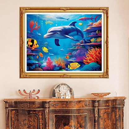 DMCVIVR Stamped Cross Stitch Kits for Beginners Adults Needlepoint Kits for Beginners Embroidery Kits for Adults Crossstitch Kit for Beginners 11CT-Dolphin Underwater World 16x20 inch