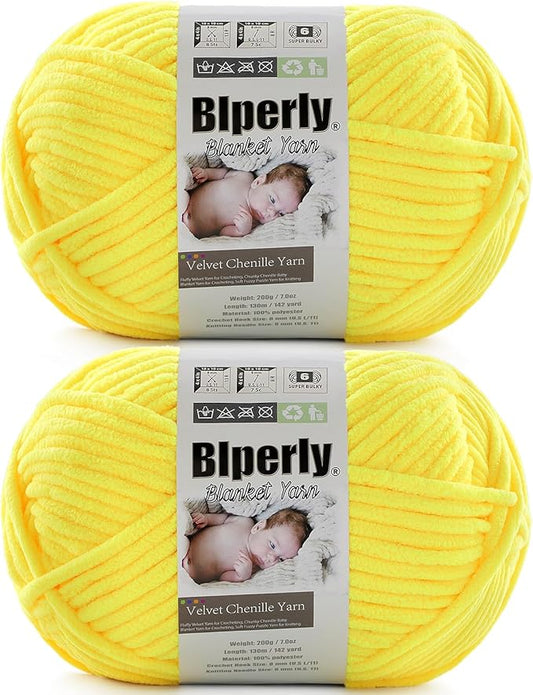 6 Super Bulky Velvet Chenille Yarn for Crocheting - 2 Skein of 200g/7 oz - Ultra Soft Heavy Weight Chunky Knitting Yarn for Baby Blankets, Amigurumi, Home Decor（Butter Yellow，2 Skein）