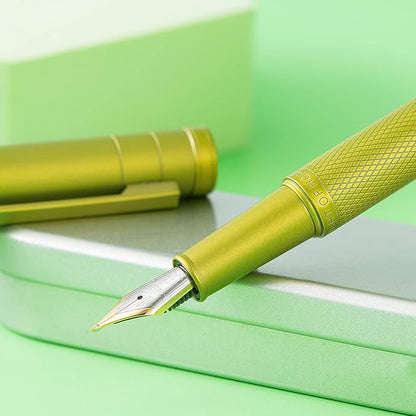 Hongdian 1851 Mustard Yellow Forest Fountain Pen Blade Nib Classic Design Calligraphy Pen with Converter and Metal Pen Case Set
