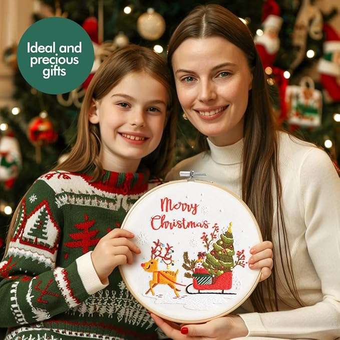 Christmas Embroidery Kits: 1 Pack Cross Stitch Kit for Beginners Adults, DIY Ornaments Craft Kit with All Tools & Instructions, Stamped Hand Embroidery Starter Kit for Holiday Crafts & Xmas Home Decor