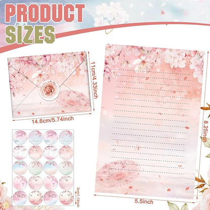 TaoBary 160 Pcs Stationery Paper Set 50 Double Sided Stationery Papers with 50 Matching Envelopes and 60 Round Dot Sticker, 10 Design(Cherry Blossom,5.5 x 8.25 Inch)