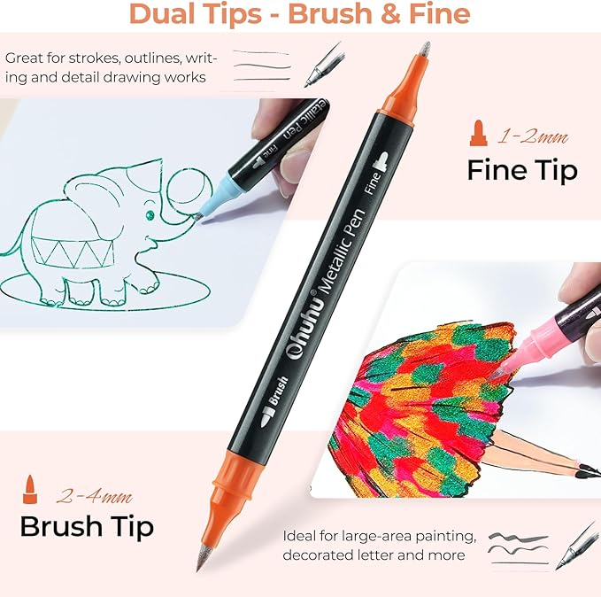 Ohuhu Markers Metallic Pens: 24 Colors Water-based for Adults Mandala Coloring Book Glitter Shimmer Markers for Black White Paper Glass Rock Birthday Card Making Halloween Pumpkin Ceramics DIY