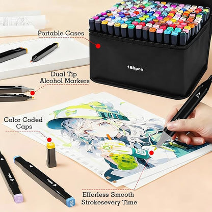 Dual Tip Alcohol Markers, Color Markers Pens, Permanent Marker, Assorted, For Adult Coloring Books, Note Taking Coloring Writing, Teacher Office Supplies, Drawing Art Supplies Kit (168 Colors)