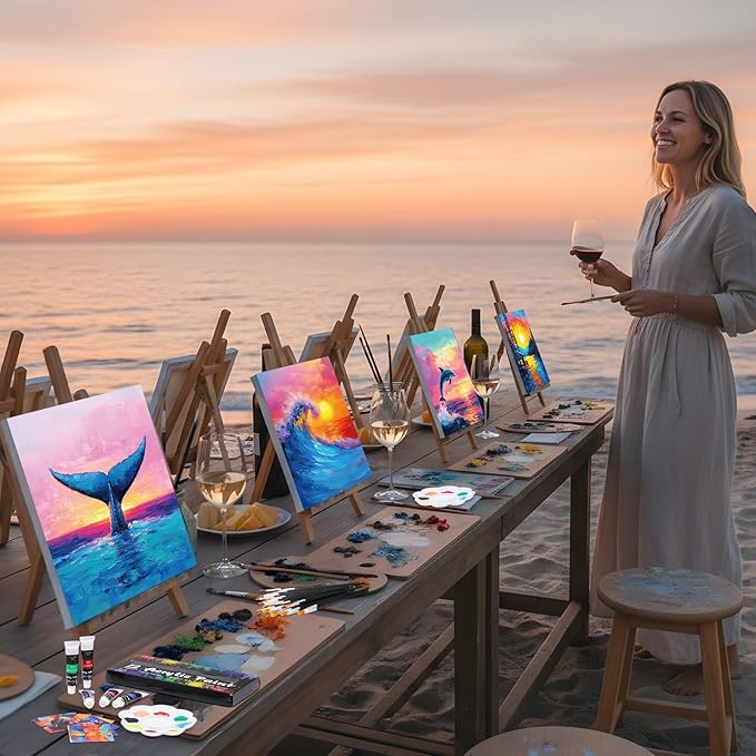 Ctosree Ctosree 72 Pcs Natural Scenery Paint and Sip Kit for Adults 8'' x 10'' Pre Drawn Canvas for Painting DIY Pre Printed Canvas for Party Favor Afro Acrylic Painting Kit Wood Easel Brushes Bulk