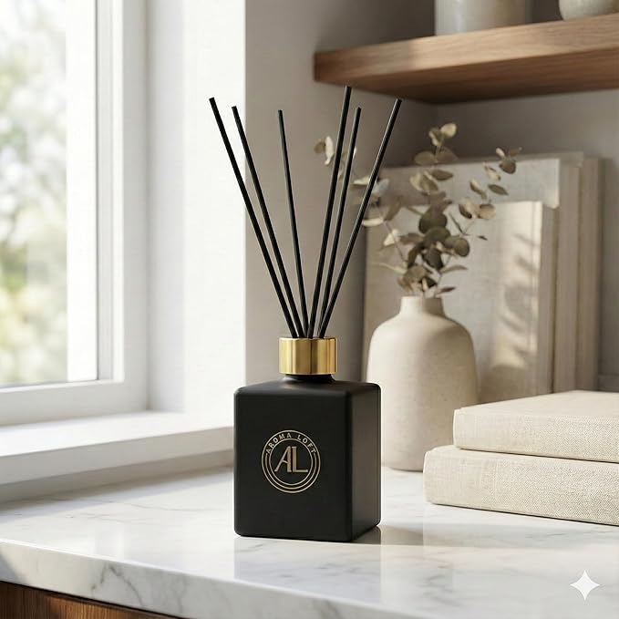 Reed Diffuser - Fragrance Diffuser for Home - 5 oz. Oil Diffuser Sticks - Bathroom Diffuser Set- Oil Diffuser Reeds - Scent Sticks in Oil-Office Smell Good Stuff (Black, Rustic Amber)