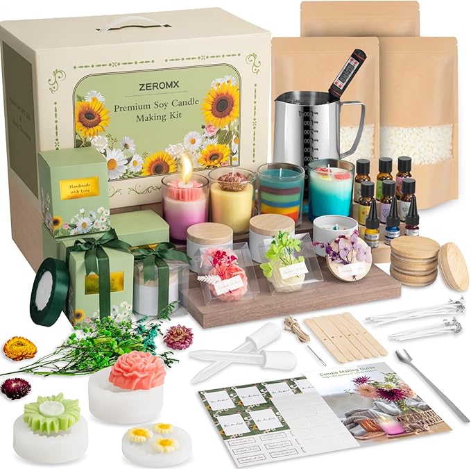ZEROMX Candle Making Kit for Adults & Beginners - Full DIY Set with 1200g Soy Wax, Jars, Dyes, Floral Molds, Gift Packaging - Christmas Gift Idea for Holiday Gifting, Perfect Handmade Home Decor
