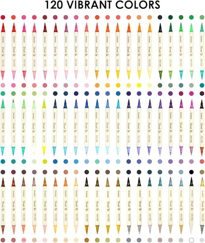 Grabie 120 Colors Dual Tone Brush Tip Acrylic Markers, Dual-Color Paint Markers with 60 Brush Tips, Double Tipped Acrylic Paint Pens for Fabric, Canvas,DIY, Canvas Art Supplies, Set of 60