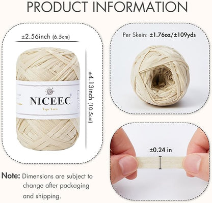 NICEEC 2 Skeins Soft Tape Yarn, Easy Crohcet Raffia, Crochet & Knitting, Paper Ribbon Yarn for DIY Craft Gift Wrapping Total Length 1.76oz×2/109yds×2 - Off-White