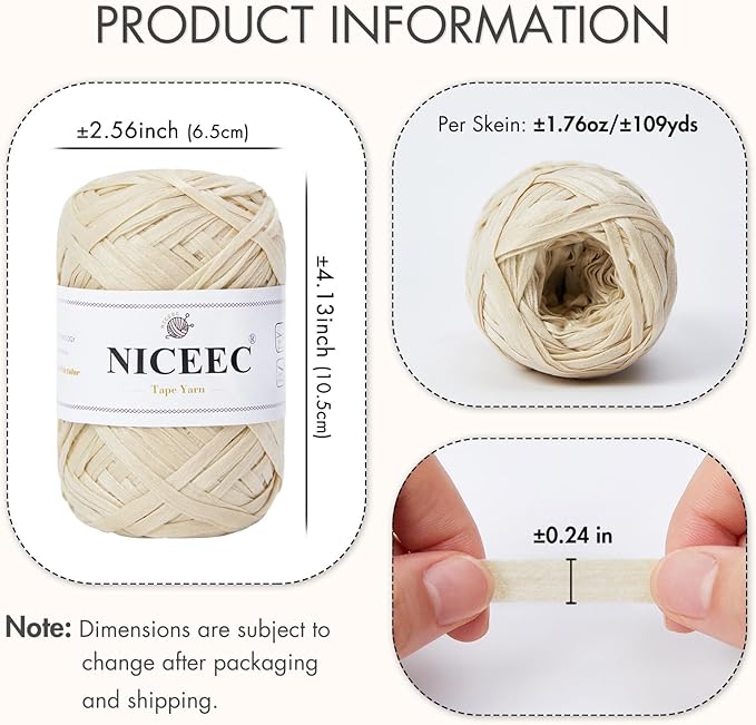 NICEEC 6 Skeins Soft Tape Yarn, Easy Crohcet Raffia, Crochet & Knitting, Paper Ribbon Yarn for DIY Craft Gift Wrapping Total Length 1.76oz×6/109yds×6 - Off-White