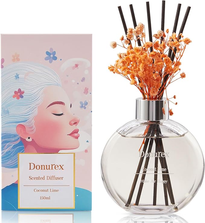 Donurex Flower Reed Diffuser Set 5.07oz Coconut Lime Scent Diffuser with Sticks Home Fragrance Reed Diffuser for Bathroom Shelf Decor
