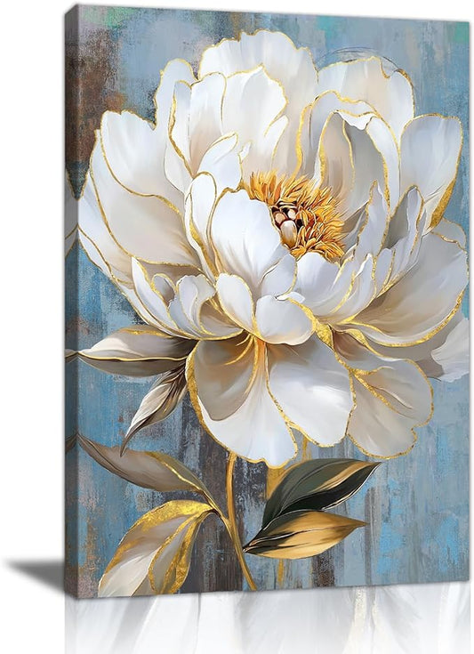 WENGTIAO Rustic White Flower Canvas Wall Art Blue Blooming Peony Floral with Gold Edges Print Pictures Posters Modern Framed Artwork for Bedroom Living Room Bathroom Office Kitchen 12x16in