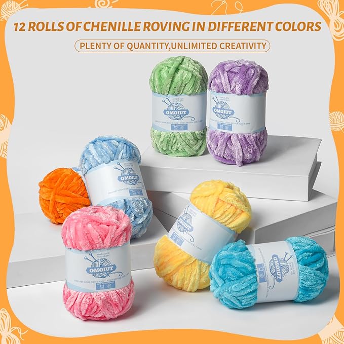 12 Pack 590 (yd) Chunky Chenille Yarn for Crocheting and Hand Knitting with Black Red White Green Yellow Orange Plush Velvet Yarn，Baby Blanket Yarn for Crocheting Soft Amigurumi Yarn