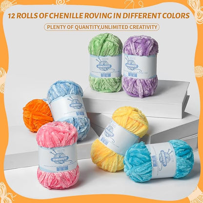 12 Pack 590 (yd) Chunky Chenille Yarn for Crocheting and Hand Knitting with Black Red White Green Yellow Rainbow Plush Velvet Yarn，Baby Blanket Yarn for Crocheting Soft Amigurumi Yarn