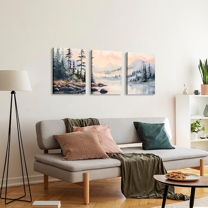 WENGTIAO 3 Pink Green Fog Forest Lake Canvas Wall art, Pine Watercolor Landscape Mural Sunset Misty Mountain Wall Pictures Posters Art Print for Living Room Bedroom Office Home Decor 12"x16"x3 Pcs