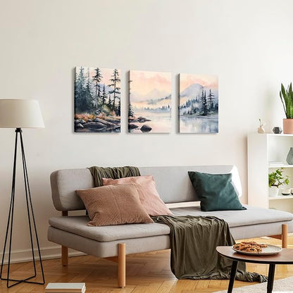 WENGTIAO 3 Pink Green Fog Forest Lake Canvas Wall art, Pine Watercolor Landscape Mural Sunset Misty Mountain Wall Pictures Posters Art Print for Living Room Bedroom Office Home Decor 12"x16"x3 Pcs