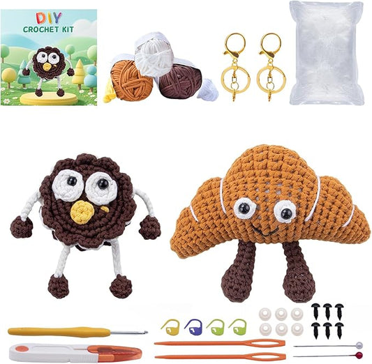 Crochet Kit for Beginners, Easy DIY Crochet & Knitting Kit for Adults with Step-by-Step Video Tutorials, Yarns, Stuffing, Crochet Hook and Accessories, Craft Set Birthday Gifts (Croissant, Cookie)