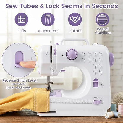 COSTWAY Sewing Machine for Beginner, Portable Mini Electric Sewing Machine with 12 Built-in Stitches, Accessory Kit, LED Light, 2 Speeds & Foot Pedal, Storage Drawer, Ideal for Home DIY Projects