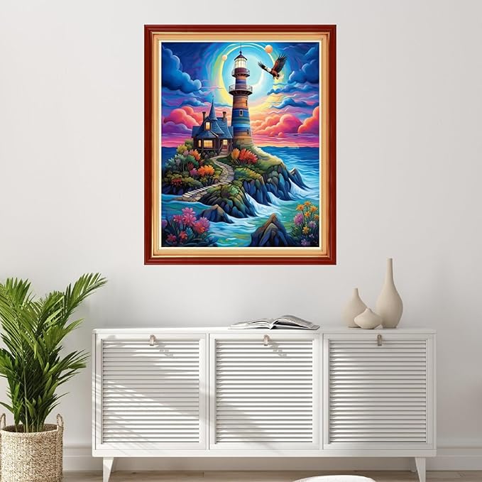 Foxhool Stamped Cross Stitch Kits,11CT Printed Cross Stitch Pattern Full Embroidery Kits for Beginner Needlepoint Kits-Seaside Lighthouse 16x20 inchs