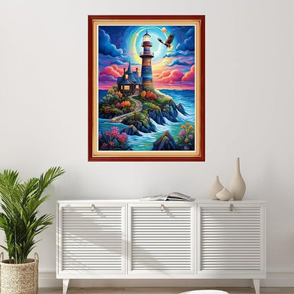 Foxhool Stamped Cross Stitch Kits,11CT Printed Cross Stitch Pattern Full Embroidery Kits for Beginner Needlepoint Kits-Seaside Lighthouse 16x20 inchs