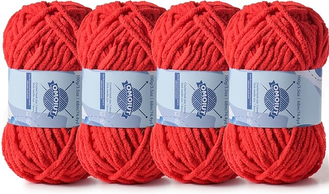 Chunky Chenille Yarn for Crocheting，Baby Yarn for Crocheting Soft Blankets，Bulky Yarns for Crochet Amigurumi，4×100g (4×74.3yds) Fluffy Velvet Yarns for Hand Knitting (4 Bright Red)
