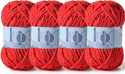 Chunky Chenille Yarn for Crocheting，Baby Yarn for Crocheting Soft Blankets，Bulky Yarns for Crochet Amigurumi，4×100g (4×74.3yds) Fluffy Velvet Yarns for Hand Knitting (4 Bright Red)