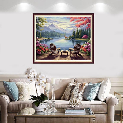 Foxnyart Stamped Cross Stitch Kits Full Range of Embroidery Needlework Starter Kits for Beginners Adults 11CT Embroidery Patterns Art Crafts DIY Needlepoint Kit-Tea and Rest by The Lake 16x20 inch
