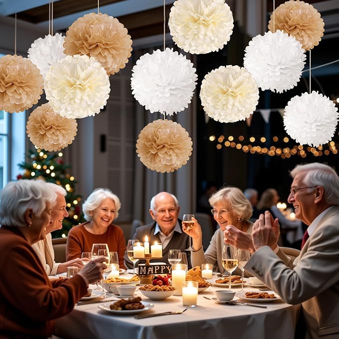 SUNBEAUTY 15 PCS Boho Champagne Pom Poms Tissue Paper Flowers, Wall Hanging Decor Neutral Party Wedding Decorations,Cream Beige White Paper Flowers for Wedding Birthday Bridal Showers Party Supplies