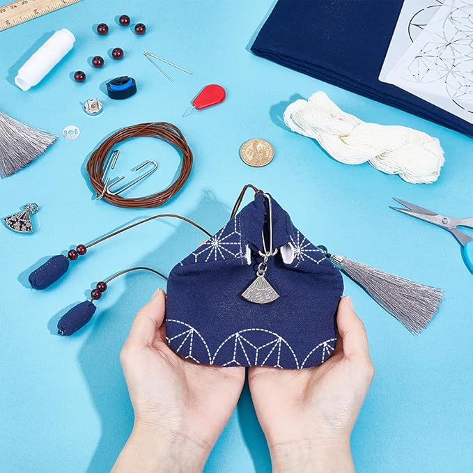 ORIGACH DIY Sashiko Coin Purse Kit with Instruction for Beginners Adults Easy Sashiko Kit with Snowflake Stencil Japanese Sashiko Embroidery Bag DIY Sewing Bag Gifts for Friends Mums