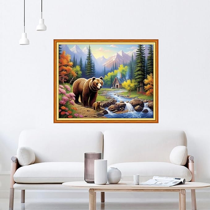DMCVIVR Stamped Cross Stitch Kits for Beginners Adults Needlepoint Kits for Beginners Embroidery Kits for Adults Crossstitch Kit for Beginners 11CT-Bear Scenery 16x20 inchs