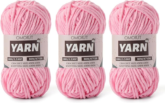 Fluffy Chenille Yarn for Crocheting - Baby Yarn for Crocheting Soft Blanket - 3 Pack of 100g/(87.4yds) Crochet Amigurumi Chunky Yarns - Super Bulky 5 Velvet Yarns (3 Dark Pink)
