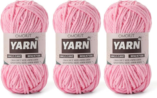 Fluffy Chenille Yarn for Crocheting - Baby Yarn for Crocheting Soft Blanket - 3 Pack of 100g/(87.4yds) Crochet Amigurumi Chunky Yarns - Super Bulky 5 Velvet Yarns (3 Dark Pink)