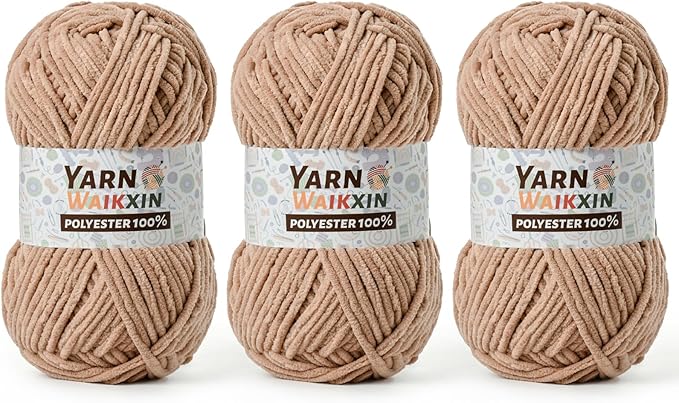 3 Pack Soft Chenille Yarn for Crocheting, Fluffy Chunky Crochet Yarn for Baby Blanket, (5.29oz/196.8yds) Fuzzy Velvet Yarn for Amigurumi&DIY Puzzle、Crafts、Scarf(3 Light Coffee)