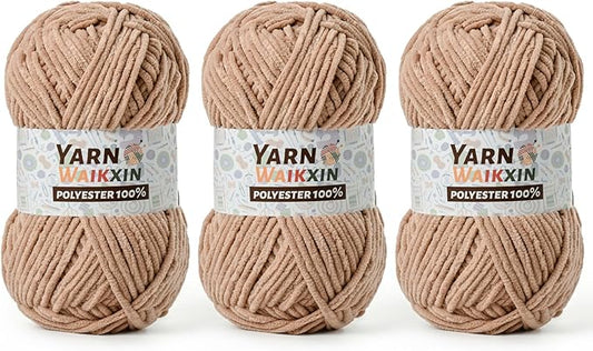 3 Pack Soft Chenille Yarn for Crocheting, Fluffy Chunky Crochet Yarn for Baby Blanket, (5.29oz/196.8yds) Fuzzy Velvet Yarn for Amigurumi&DIY Puzzle、Crafts、Scarf(3 Light Coffee)
