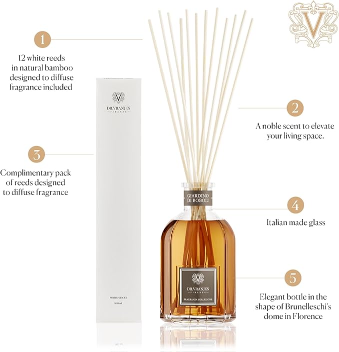Dr. Vranjes – Giardino di Boboli Diffuser 500 ml + Double Pack of White Sticks (3 Pieces Bundle) - Luxury Home Fragrance, Reed Diffuser, Main Scent Floral, Made in Italy