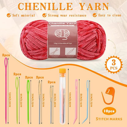 LUNARM 3 * 100g Chenille Yarn, Yarn for Crocheting Knitting with Big Eye Needles, Handcrafts Weaving Soft Chenille Yarn for Making Blankets, Clothes, Pattern Knitting Creations (Bright Red)