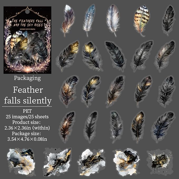 100 Pieces Vintage Fantasy Feather PET Stickers, Aesthetic Decorative Colorful Feather Stickers for Scrapbooking DIY Diary Junk Journal Handbook Album Decoration Journaling Scrapbooking Supplies