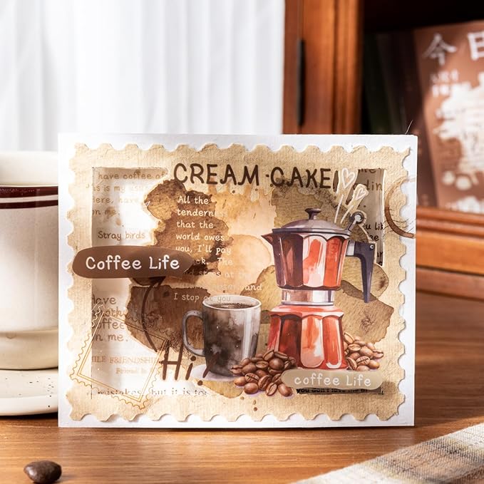 AuriicLeaf Coffee Aesthetic PET Stickers, 60 Pcs Large Collage Ephemera for Scrapbooking, Journaling, DIY Crafting, and Art Supplies