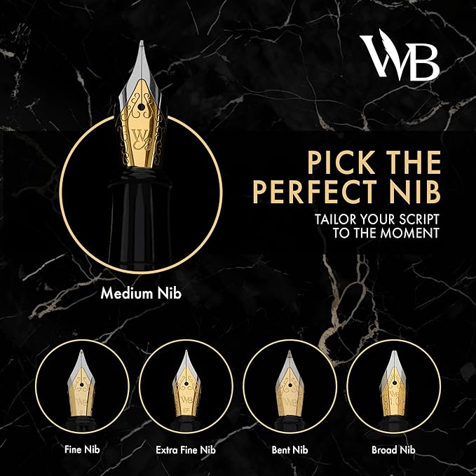 Wordsworth & Black Fountain Pen Set, Bent Nib, Includes 24 Pack Ink Cartridges, Ink Refill Converter & Gift Box, Chrome Finish, Calligraphy, [Silver Chrome], Perfect for Men & Women