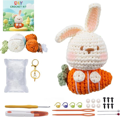 Crochet Kit for Beginners, Easy DIY Crochet & Knitting Kit for Adults with Step-by-Step Video Tutorials, Yarns, Stuffing, Crochet Hook and Accessories, Crochet Craft Set Birthday Gifts (Rabbit)