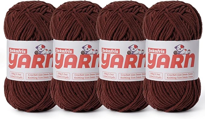 4 Pack Plush Chunky Chenille Yarn for Crocheting, Soft Fluffy Velvet Yarn for Crocheting Amigurumi, Fuzzy Baby Blanket Knitting 400g/524yds Bulky(4 Dark Coffee)