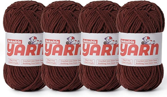 4 Pack Plush Chunky Chenille Yarn for Crocheting, Soft Fluffy Velvet Yarn for Crocheting Amigurumi, Fuzzy Baby Blanket Knitting 400g/524yds Bulky(4 Dark Coffee)