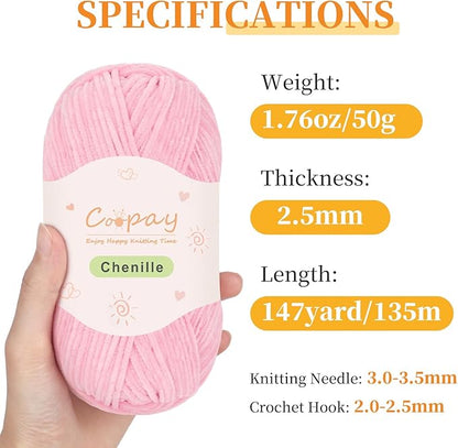 Coopay Skinny Chenille Yarn for Crocheting and Knitting, 12 Pack of 50g/1.76oz-1764yd Total, Soft Velvet Yarn of Baby Weights-Suitable for Baby Blankets, Plush Toys-Super Soft (Light Pink Gradient)